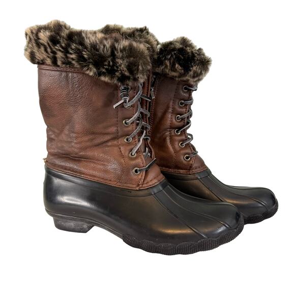 Sperry Tall Boots Girls 4 Fur Snow Waterproof Leather Lace Up Zip Pull On Brown - Picture 1 of 9